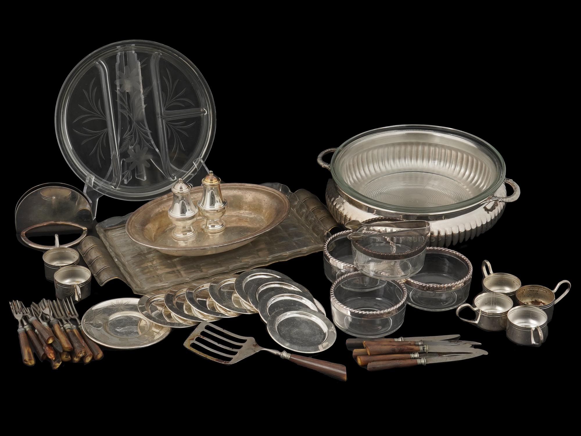GROUP OF VINTAGE SILVER PLATED GLASS TABLE WARES PIC-
